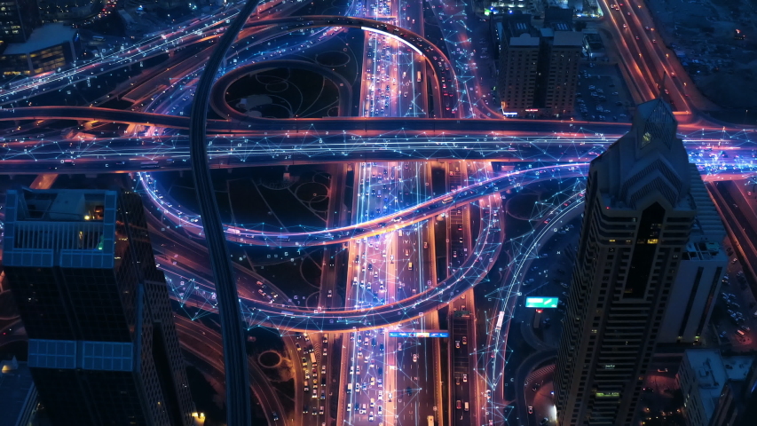 Urban Junction Overpass Information Flow During Night Virtual Reality Ai 5g Network Drone Low Light 4k Royalty-Free Stock Footage #1053536813