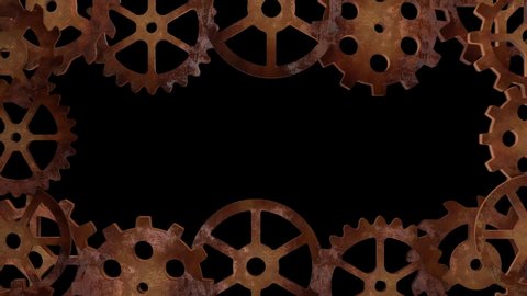 Moving rusty steampunk 3d cogs & gears with black background