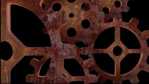 Moving rusty steampunk 3d cogs & gears with black background