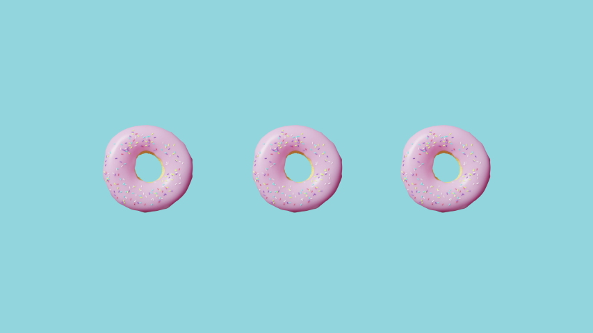 Rotating three pink donuts on blue background for any purposes. National Donut Day. Doughnut 3d model. Sweet junk food. Royalty-Free Stock Footage #1053538259