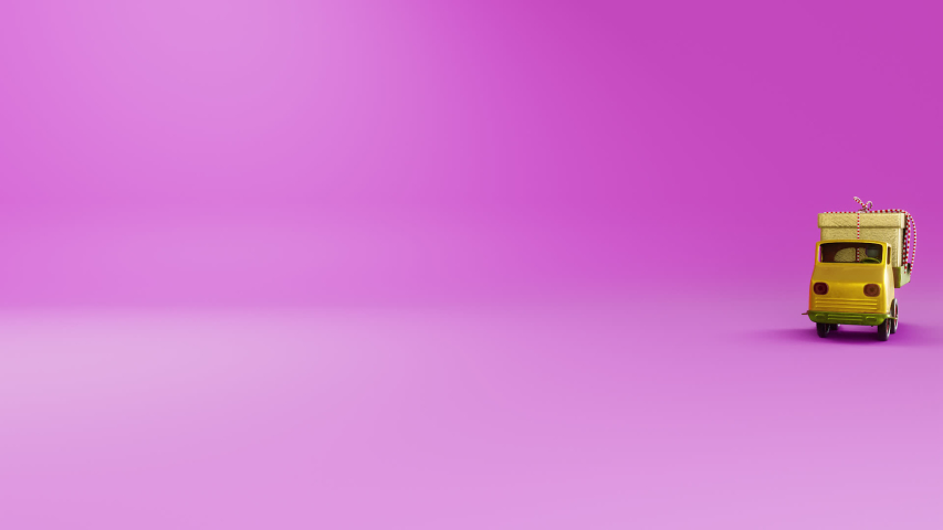 3d animation scene of the yellow head metal truck vintage toy containing the golden gift box running into the scene and drop it on the right side and run out.