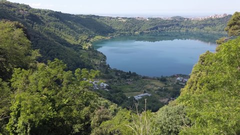 Panoramic view of Nemi Lake in the province of Rome, Lazio, Italy.