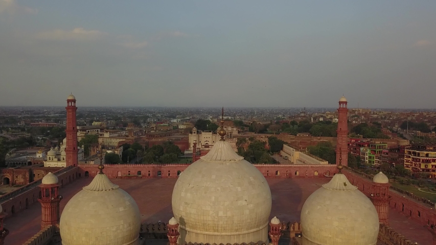 Badshahi king mosque aerial view from back showing empty mosque during corona virus lockdown in covid-19