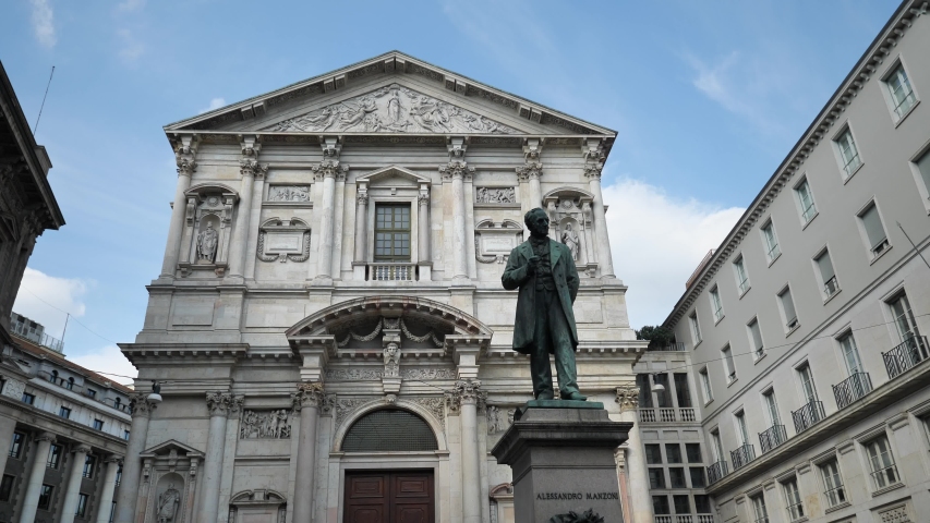 Alessandro Manzoni statue in San Fedele square, Milan, Italy.