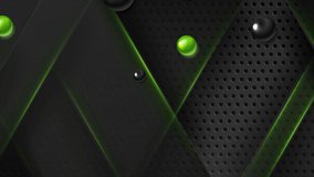 Futuristic perforated technology abstract motion background with neon glowing lines and black green glossy beads. Seamless looping. Video animation 