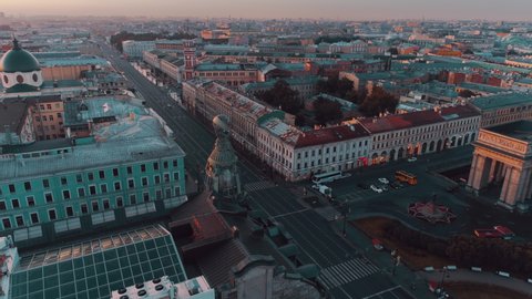 ST. PETERSBURG, RUSSIA. Aerial view of  historical center Nevsky Prospect and Zinger House of Saint-Petersburg.