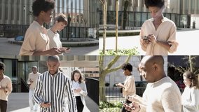 Young multiethnic citizens walking in city with smartphones, texting messages, chatting online. Multiscreen montage, collage portraits. Communication concept