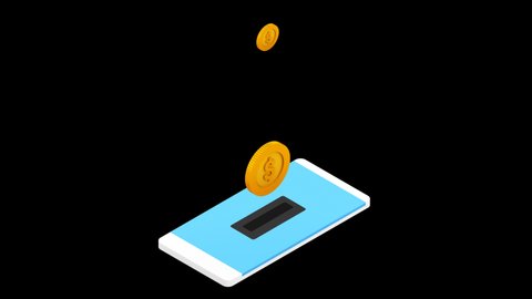 Coin drop in phone. Wallet connect to phone. Isometric. Alpha Channel.