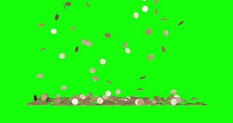 3D Antique or ancient roman golden coins falling on the floor, money stacked with a green screen chroma key background. Concept of gold rain, wealth, fortune, luxury, success. This is a 4k animation .