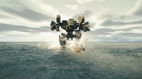 A military robot walks on a surface covered with water. The concept of the future Apocalypse. Animation for military, futuristic or fiction backgrounds.