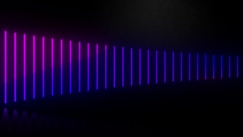 2D animation of vertical glowing lines, ultraviolet spectrum, blue violet neon lights, laser show, night club, equalizer, abstract fluorescent background, optical illusion, virtual reality