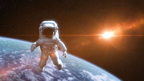 Astronaut in Outer Space against Earth Backgound. Beautiful High Detailed 3d Animation, Ultra HD 4K 3840x2160