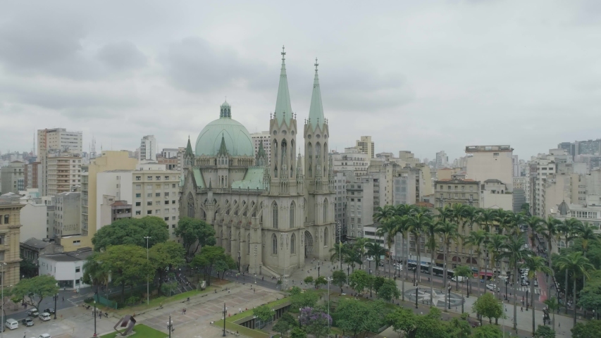 Aerial View of Se Cathedral in the city centre of Sao Paulo. Drone shot
