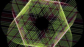 Colorful kaleidoscopic rotating pattern. Animation. Abstract green and pink narrow straight lines crossing and forming 3D spinning figure looking like flower, seamless loop.