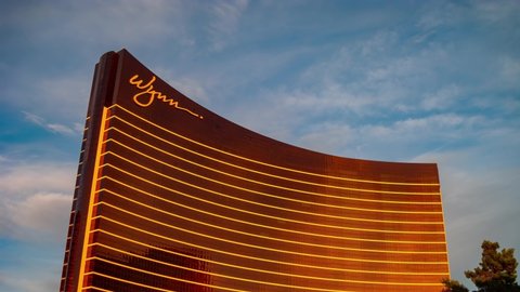 Las Vegas, MAY 6, 2020 - Afternoon to night time lapse of the special lockdown scene of the famous Wynn Casio on Las Vegas Strip