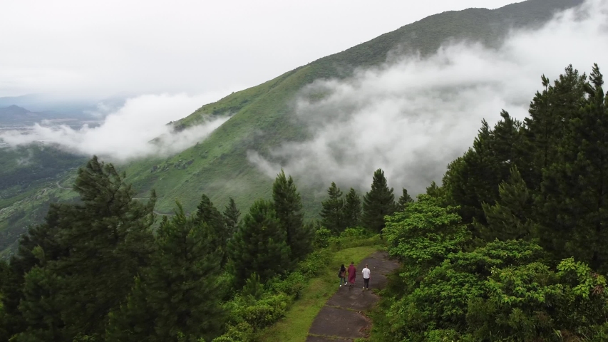 Aerial view of a picturesque countryside of Northern Vietnam on a foggy day.