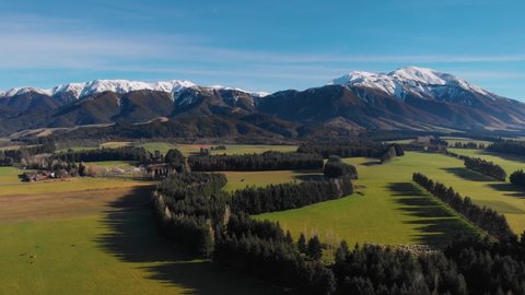 Aerial view of beautiful green fields with trees, in front of snowy mountains. Canterbury, South Island, New Zealand.
