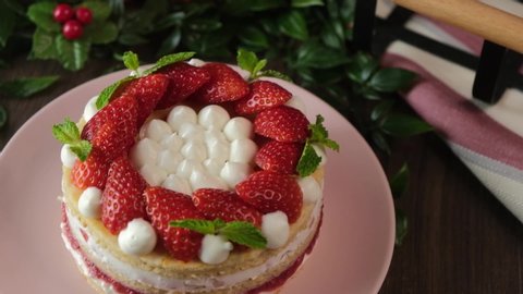 Strawberry shortcake. homemade bakery cake with fruits. fresh desserts.