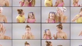 collage of many videos. a woman and her daughter do cosmetic procedures and have fun. the camera moves away