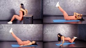 young brunette woman is training alone, home fitness, healthy lifestyle, collage
