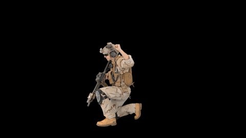 Soldier walking aiming with rifle and using radio, Alpha Channel