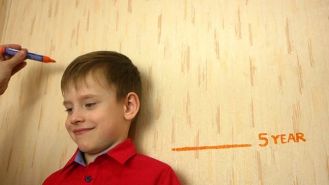 A concept on how children grow up. A Caucasian boy stands near a wall on which is inscribed 5 years old, an adult's hand makes a new mark on the growth of a child. Children's birthday 6 years
