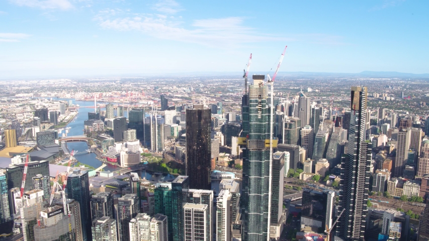 Tall City Skyscrapers Melbourne City, Australia Aerial View Sunny Day with Growing Population, Apartments and Central Bural District 2020