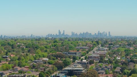 Suburban View of Melbourne City Skyline Landscape Aerial Dolly Zoom Shot Real Estate Development Victoria Roads, Parks and Housing