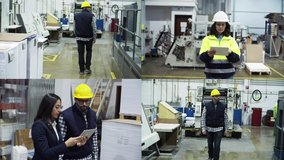Collage of professional engineers walking and checking factory. Multiscreen montage, split screen collage. Print manufacturing concept