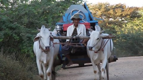 BAGAN, MYANMAR - DECEMBER 7, 2016: Horse carts with tourists in Bagan Myanmar