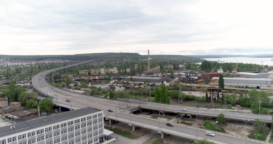 Aerial panorama view of Varna lake and Asparuhov bridge on sunset. Varna is the sea capital of Bulgaria.