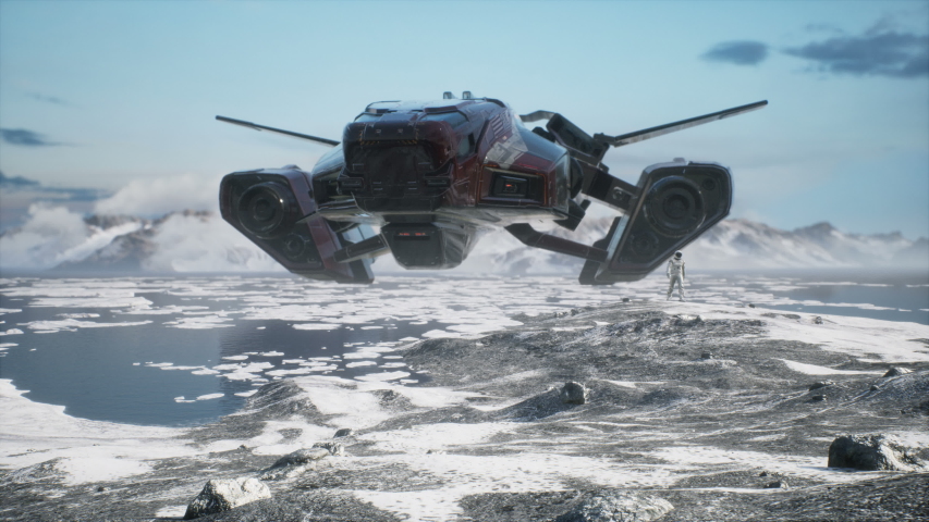 The astronaut landed on a new unknown planet, covered with ice and snow. Animation for fantasy, futuristic or space travel backgrounds.