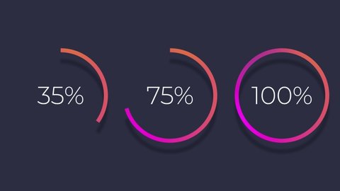 Set of three radial or circular Progress Bars. Procent indicator. Modern motion graphics. Flat style. Bright and simple UI diagram elements. Isolated on black for Screen Mode.