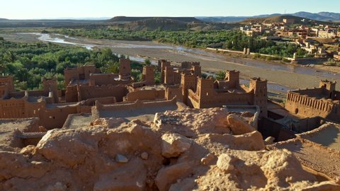 Ait Benhaddou, Morocco. View of clay made ksar fortified village along former caravan route between Sahara desert and Marrakesh. UHD