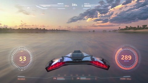 3d fake Video Game. Flight over the ocean at sunset. Hud