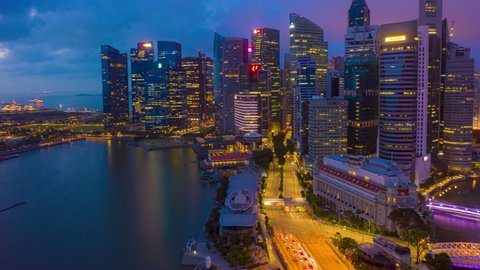 2020/01/02 SINGAPORE : hyperlapse of Singapore City Skyline on night. aerial view hyper lapse 4k video. 