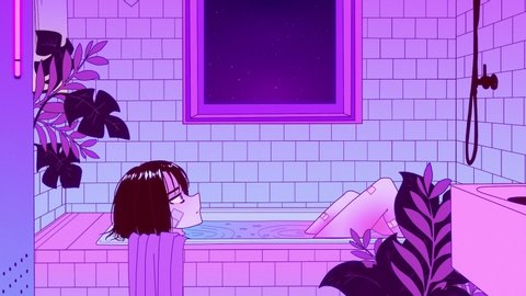 2D animation, anime girl takes a relaxing bath after a hard day. Chilling after school. Lofi, vaporwave, anime style