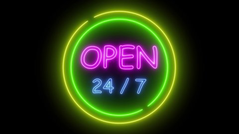 Neon open 24/7 sign animation on brick wall background. Open sign seamless looping.