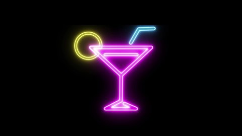 Cocktail bar neon sign light on black background. Cocktail bar sign seamless looping.