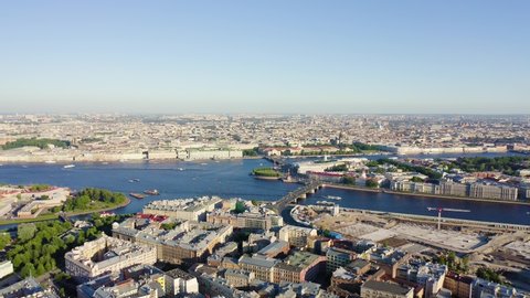 Saint-Petersburg, Russia. Neva River. Panoramic aerial view. Spit of Vasilyevsky Island, Birzhevoy Bridge, Aerial View