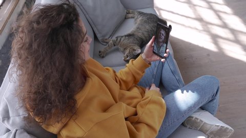 Young hispanic latin teen girl sit on sofa with cat at home holding phone video calling distance friend dating online on mobile screen using smartphone videochat zoom app. Over shoulder closeup view