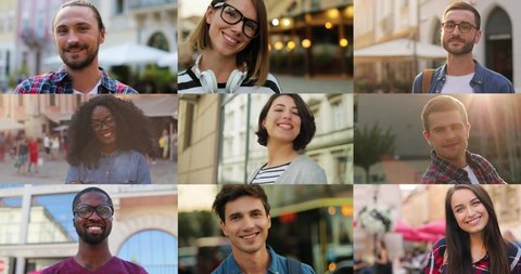 Multiscreen on many multi-ethnic people in good mood on street. Pretty young women smiling to camera outdoor. Handsome joyful men standing in city with smiles on faces. People diversity concept