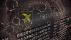 Animation of macro coronavirus Covid-19 cells spreading over an airport flight departures board with a list of international flight destinations on it.  - Powered by Shutterstock - Get 15% off with code: PIKWIZARD15