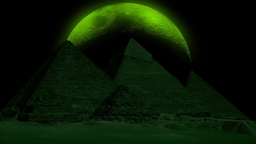 An alien moon-like planet with stars shining brightly over the Pyramids of Giza in Egypt.