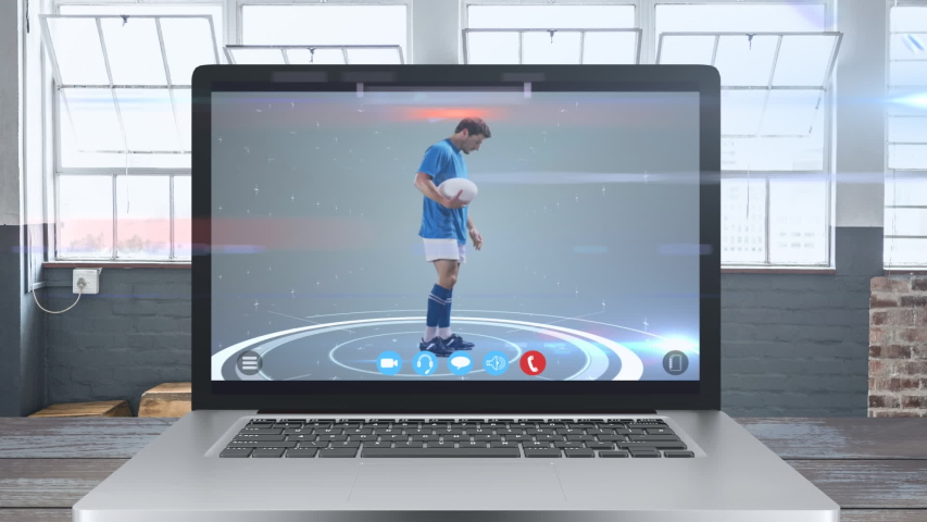Animation of digital display of laptop computer showing life streaming of male rugby player catching a ball, data processing, with coronavirus Covid 19 spreading.  - Powered by Shutterstock - Get 15% off with code: PIKWIZARD15