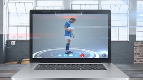 Animation of digital display of laptop computer showing life streaming of male rugby player catching a ball, data processing, with coronavirus Covid 19 spreading.  - Powered by Shutterstock - Get 15% off with code: PIKWIZARD15