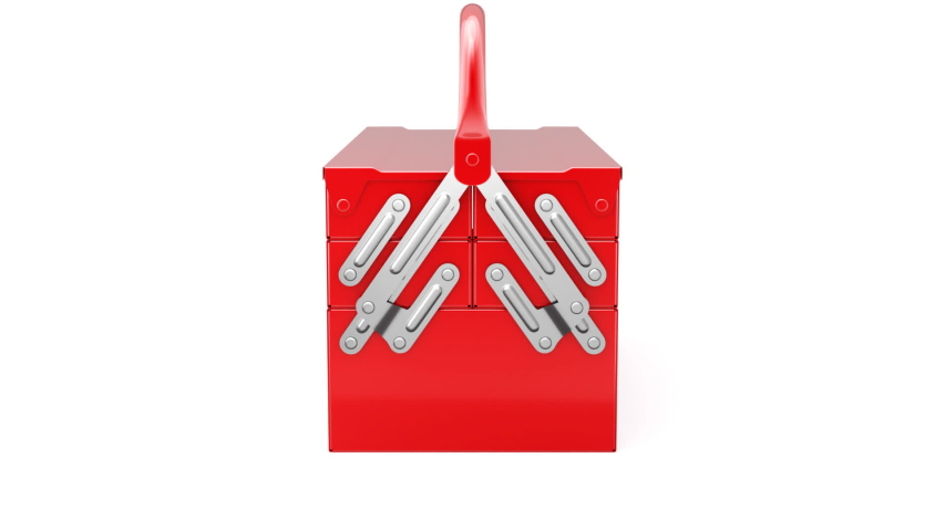 Red cantilever tool box opening, seamlessly loopable, front view - 3D animation Royalty-Free Stock Footage #1053663047