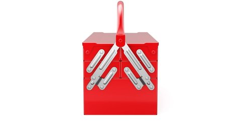 Red cantilever tool box opening, seamlessly loopable, front view - 3D animation