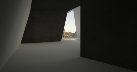 Abstract architectural minimalistic background. Modern villa made of black concrete. Сontemporary interior design. View from the lobby to the sea . 3D animation and rendering.