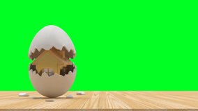 3D animation of a golden house icon inside an opening broken egg isolated on a green screen. 4K video.